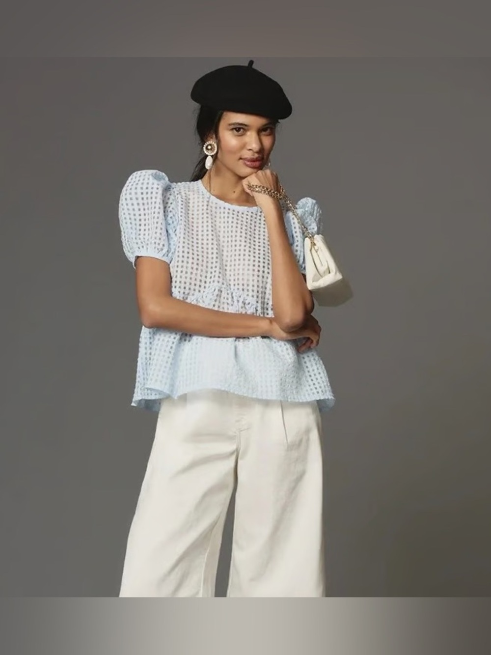 Maeve Anthropologie Babydoll Sheer Light Blue Puff-Sleeve Peplum Top